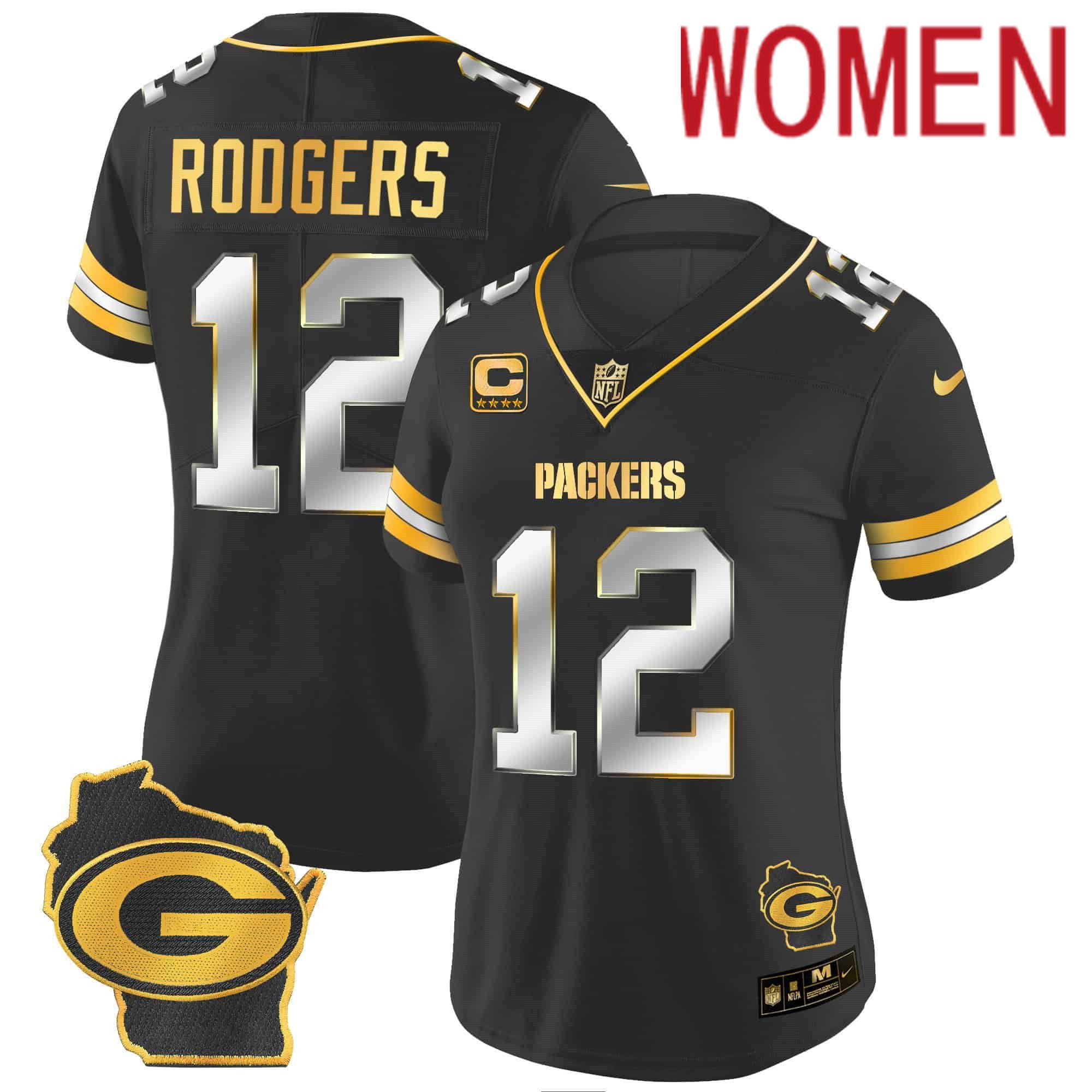Women Green Bay Packers #12 Rodgers Black Gold 2024 Nike Home Patch Vapor NFL Jersey style 1